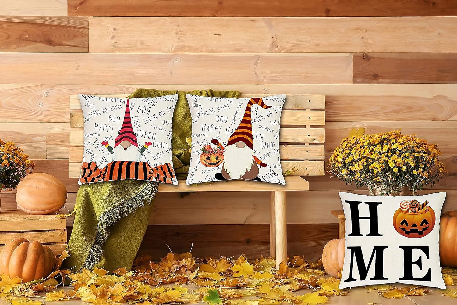 Halloween Decorations Throw Pillow Covers Set of 4 Decorative Pillowcase with Pumpkin and Gnomes 18 X 18 Inches, Indoor Outdoor Happy Halloween Decoration for Sofa Cushion