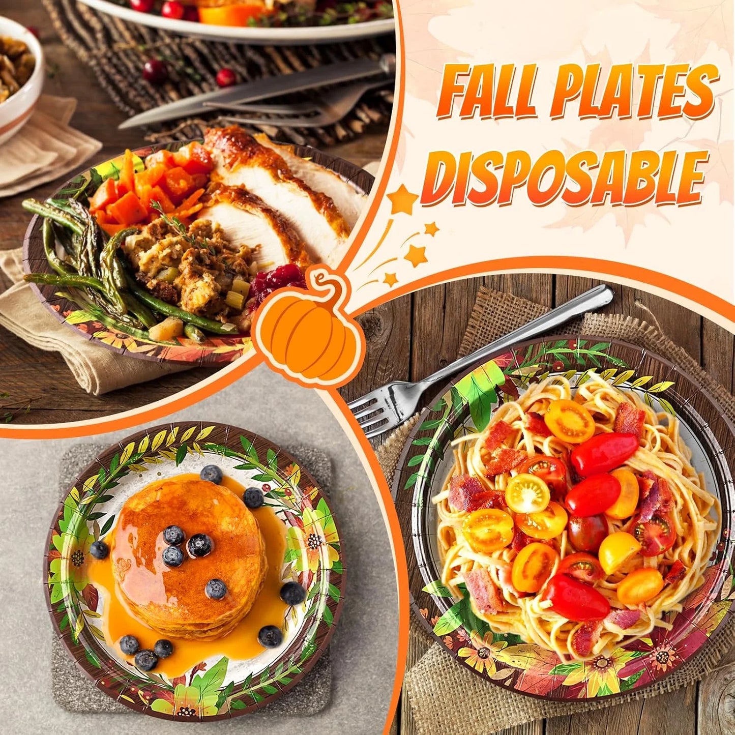 200 Pcs Fall Paper Plates and Napkins Set, Serves 50,Heavy Duty Disposable Dinnerware for Harvest Thanksgiving Party Supplies
