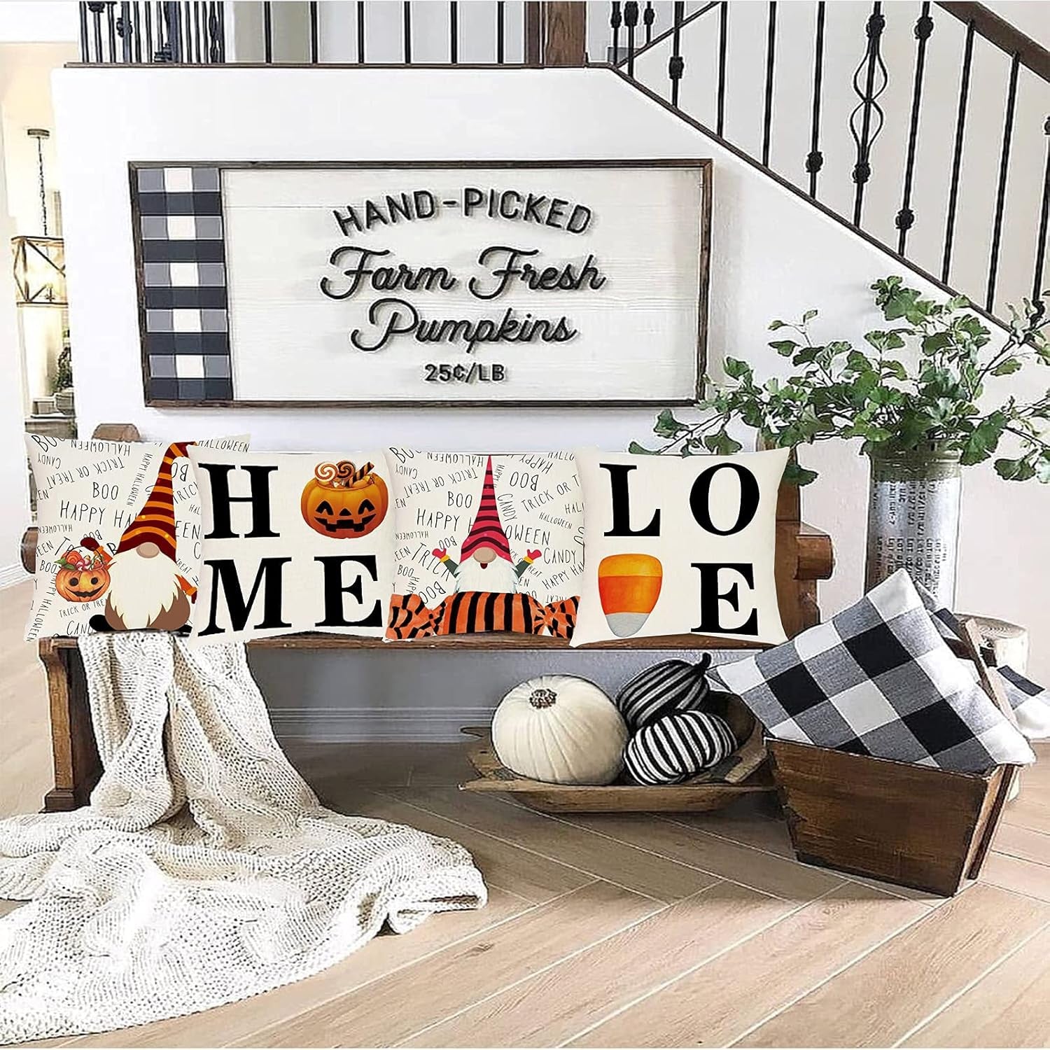 Halloween Decorations Throw Pillow Covers Set of 4 Decorative Pillowcase with Pumpkin and Gnomes 18 X 18 Inches, Indoor Outdoor Happy Halloween Decoration for Sofa Cushion