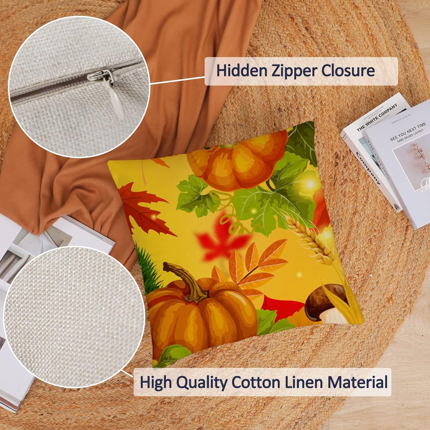 Set of 4 Fall Pillow Covers 18X18 Inch Fall Thanksgiving Pumpkins Decor Throw Pillows Covers Autumn Leaves Decorative Home Outdoor Sofa Couch Pillow Cases for Fall Theme Decorations