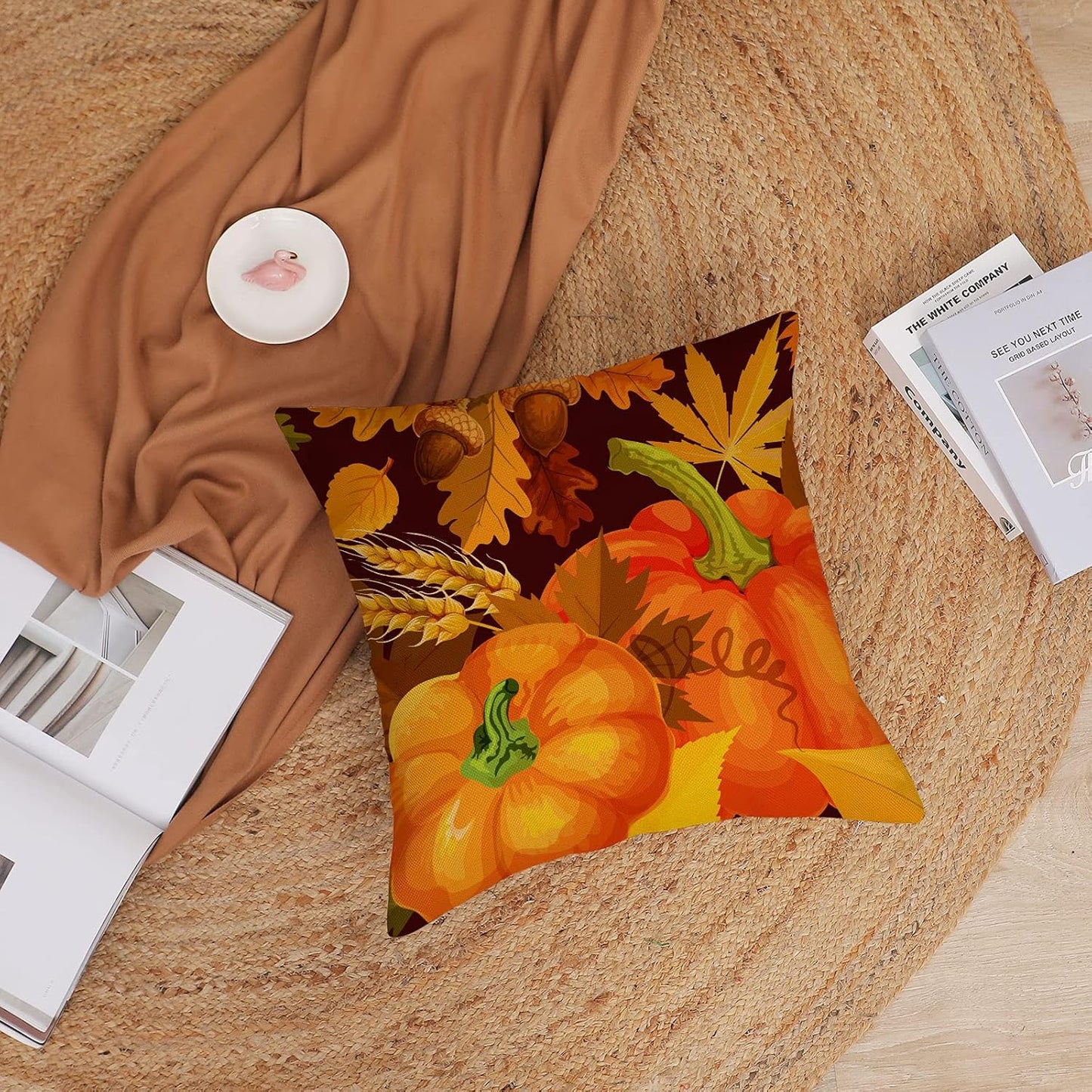 Set of 4 Fall Pillow Covers 18X18 Inch Fall Thanksgiving Pumpkins Decor Throw Pillows Covers Autumn Leaves Decorative Home Outdoor Sofa Couch Pillow Cases for Fall Theme Decorations