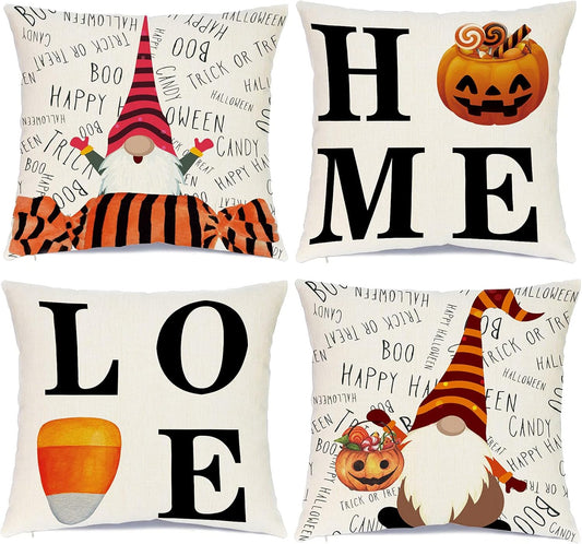 Halloween Decorations Throw Pillow Covers Set of 4 Decorative Pillowcase with Pumpkin and Gnomes 18 X 18 Inches, Indoor Outdoor Happy Halloween Decoration for Sofa Cushion