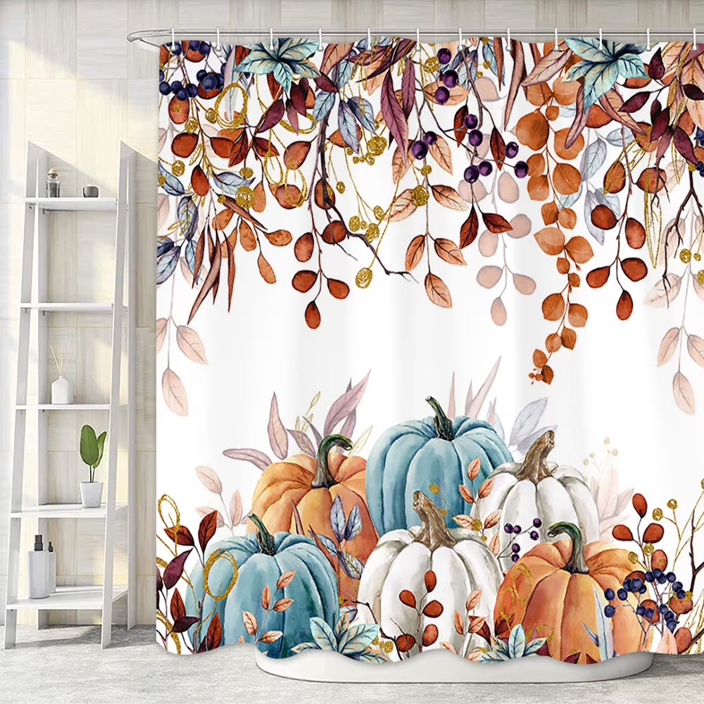 Fall Harvest Thanksgiving Pumpkin Shower Curtain, Autumn Leaves with Pumpkins Farmhouse Bath Curtain, Maple Leaves Bathroom Accessories Botanical for Bathroom Curtain Liner Set with Hooks, 72X72In
