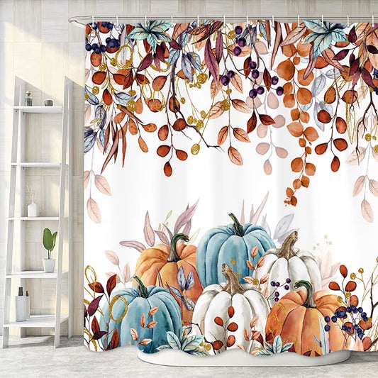 Fall Harvest Thanksgiving Pumpkin Shower Curtain, Autumn Leaves with Pumpkins Farmhouse Bath Curtain, Maple Leaves Bathroom Accessories Botanical for Bathroom Curtain Liner Set with Hooks, 72X72In