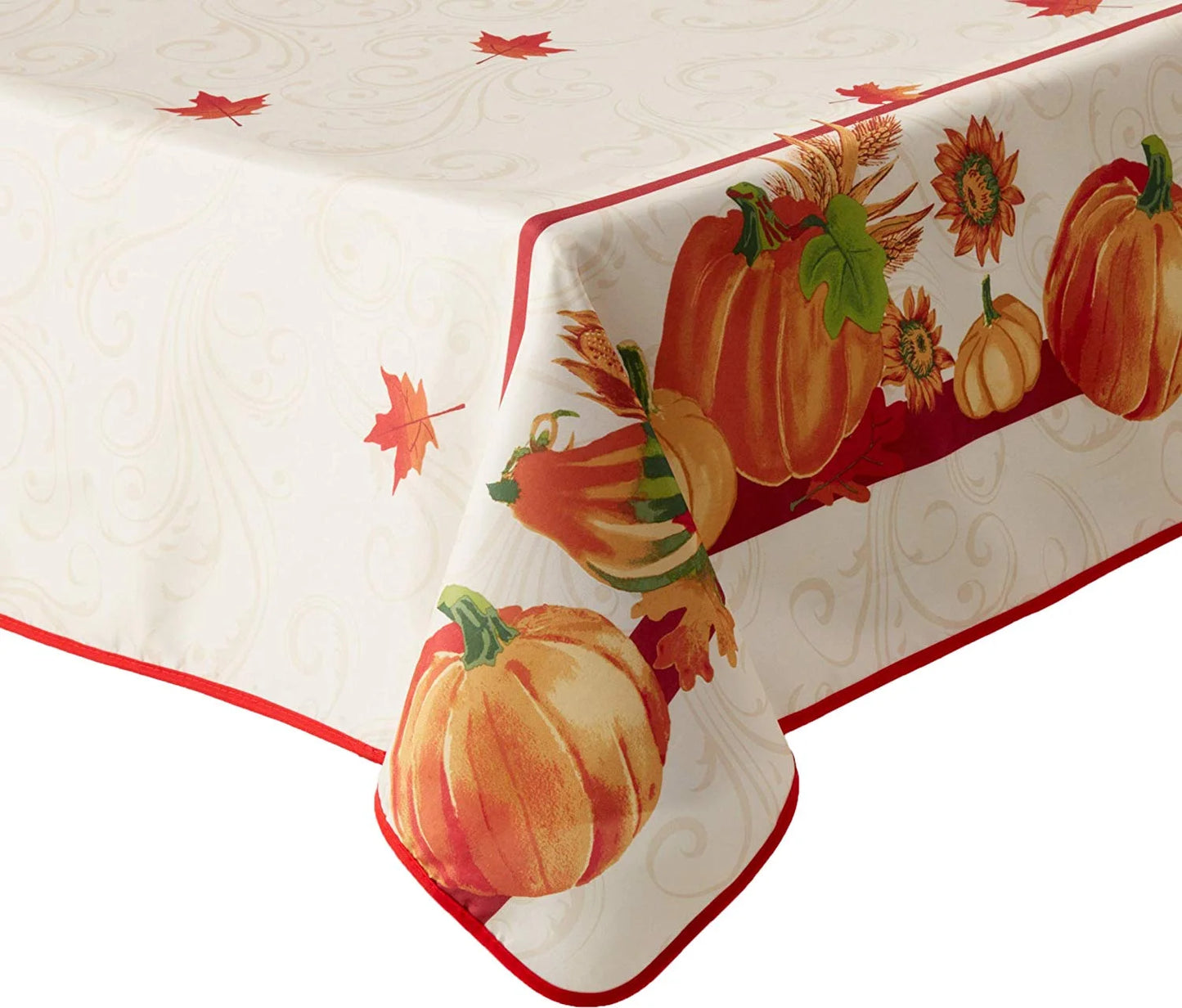 European Polyester Tablecloths - Fall Harvest Autumn Leaves with Pumpkins and Corn Print on the Side - Ivory 52" X 70"