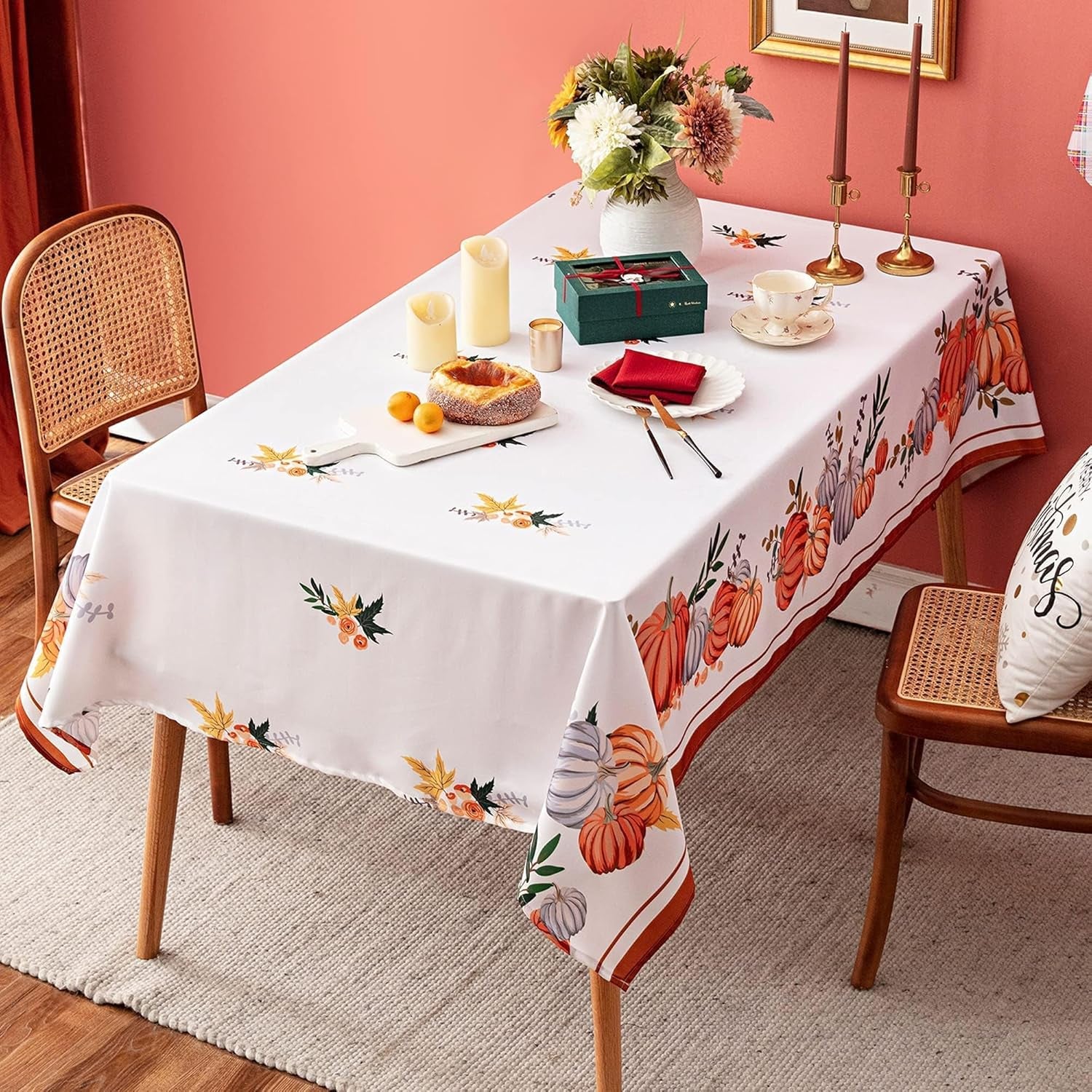 Thanksgiving Pumpkins Fall Rectangle Tablecloths - Polyester Fabric Table Cloth for Harvest Decorations, Party and Family Gatherings - 60" X 102"