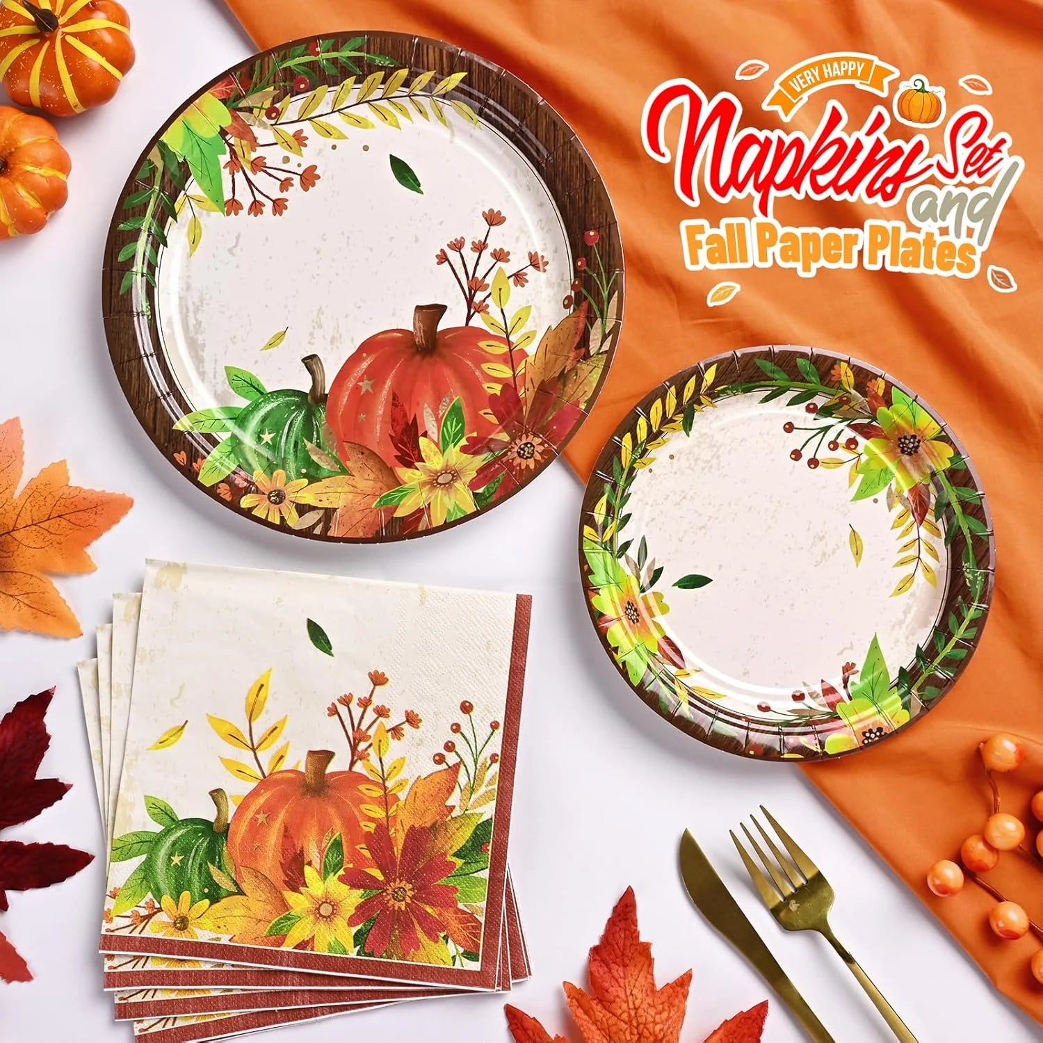 200 Pcs Fall Paper Plates and Napkins Set, Serves 50,Heavy Duty Disposable Dinnerware for Harvest Thanksgiving Party Supplies