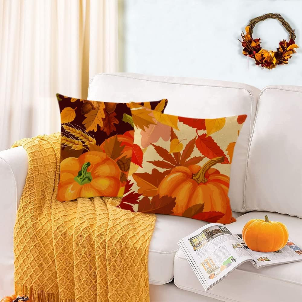 Set of 4 Fall Pillow Covers 18X18 Inch Fall Thanksgiving Pumpkins Decor Throw Pillows Covers Autumn Leaves Decorative Home Outdoor Sofa Couch Pillow Cases for Fall Theme Decorations