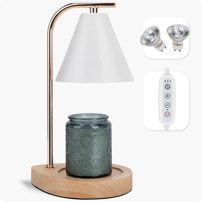 Candle Warmer Lamp with Retro Wooden Base - Home Decor Wax Melt for Small and Large Jar Candles, Candle Heater Lamp with 2 Bulbs, Dimmer and Timer Function-White