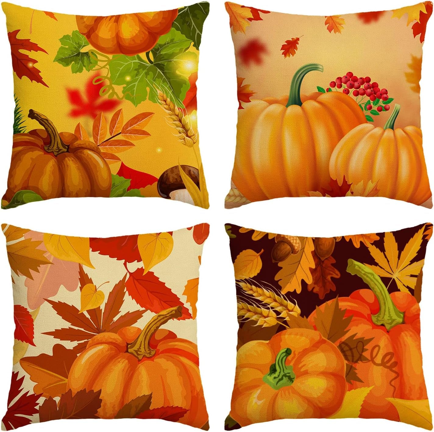 Set of 4 Fall Pillow Covers 18X18 Inch Fall Thanksgiving Pumpkins Decor Throw Pillows Covers Autumn Leaves Decorative Home Outdoor Sofa Couch Pillow Cases for Fall Theme Decorations