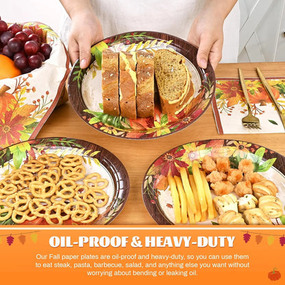 200 Pcs Fall Paper Plates and Napkins Set, Serves 50,Heavy Duty Disposable Dinnerware for Harvest Thanksgiving Party Supplies