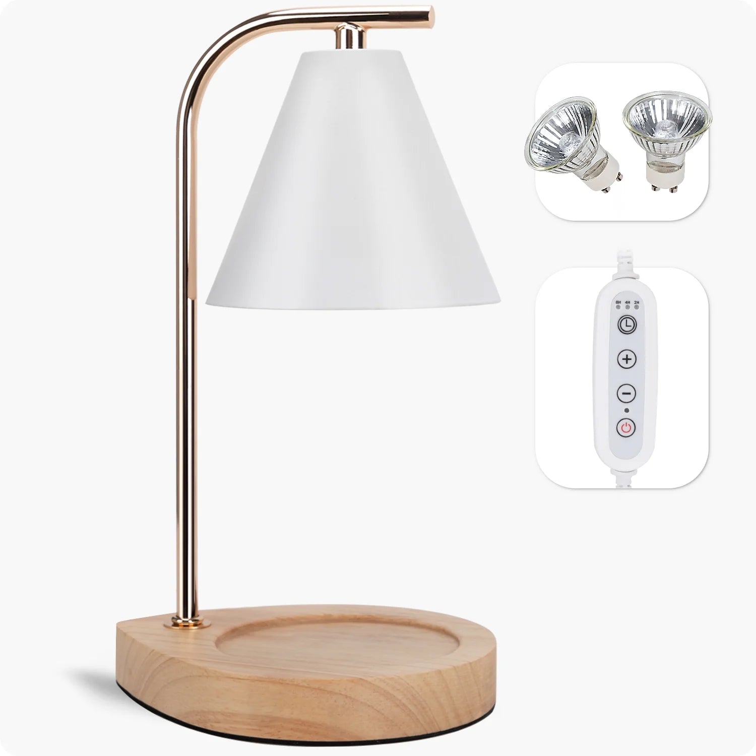 Candle Warmer Lamp with Retro Wooden Base - Home Decor Wax Melt for Small and Large Jar Candles, Candle Heater Lamp with 2 Bulbs, Dimmer and Timer Function-White