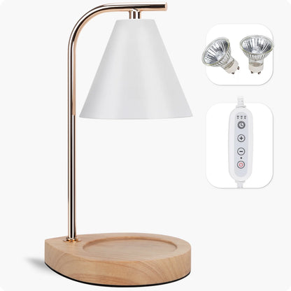 Candle Warmer Lamp with Retro Wooden Base - Home Decor Wax Melt for Small and Large Jar Candles, Candle Heater Lamp with 2 Bulbs, Dimmer and Timer Function-White