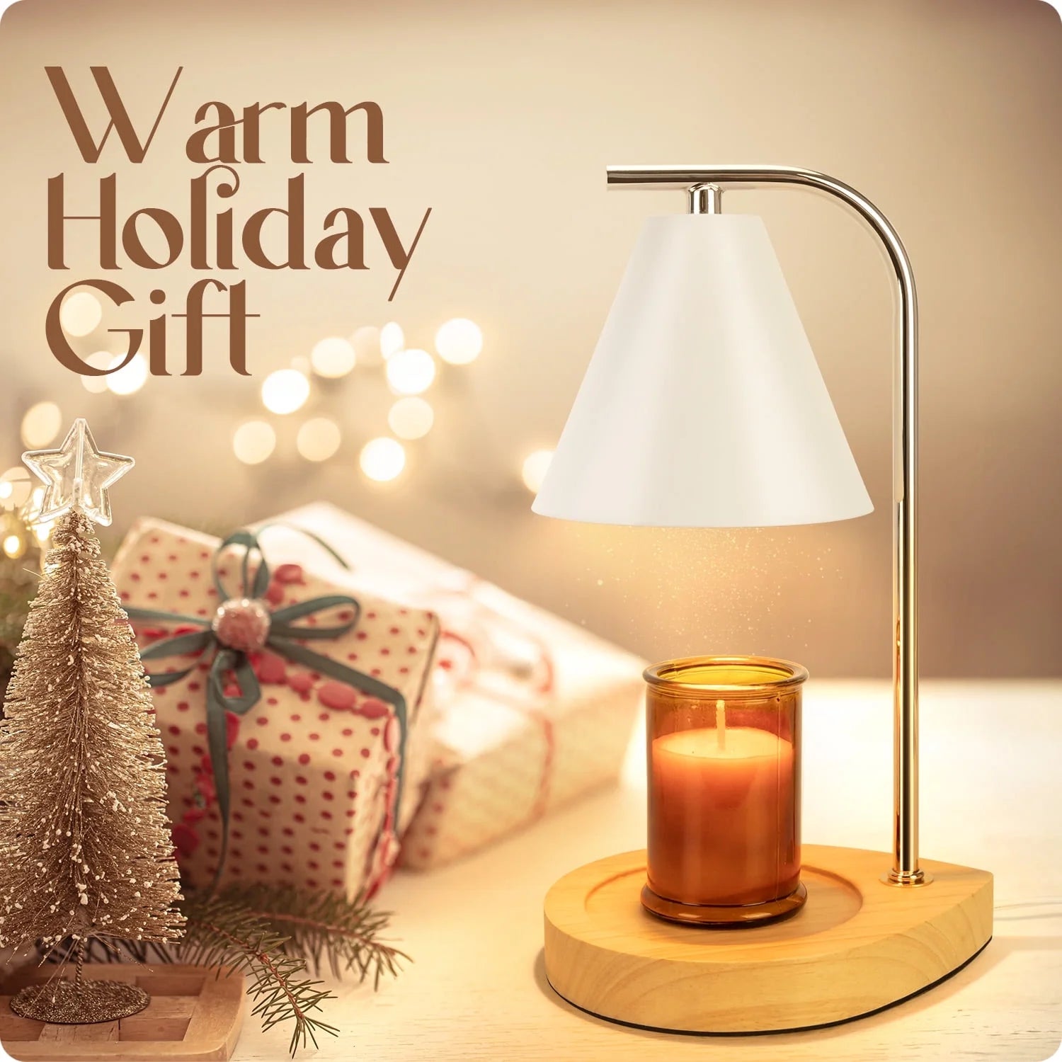 Candle Warmer Lamp with Retro Wooden Base - Home Decor Wax Melt for Small and Large Jar Candles, Candle Heater Lamp with 2 Bulbs, Dimmer and Timer Function-White