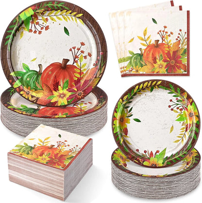 200 Pcs Fall Paper Plates and Napkins Set, Serves 50,Heavy Duty Disposable Dinnerware for Harvest Thanksgiving Party Supplies
