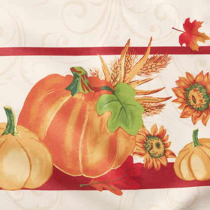 European Polyester Tablecloths - Fall Harvest Autumn Leaves with Pumpkins and Corn Print on the Side - Ivory 52" X 70"