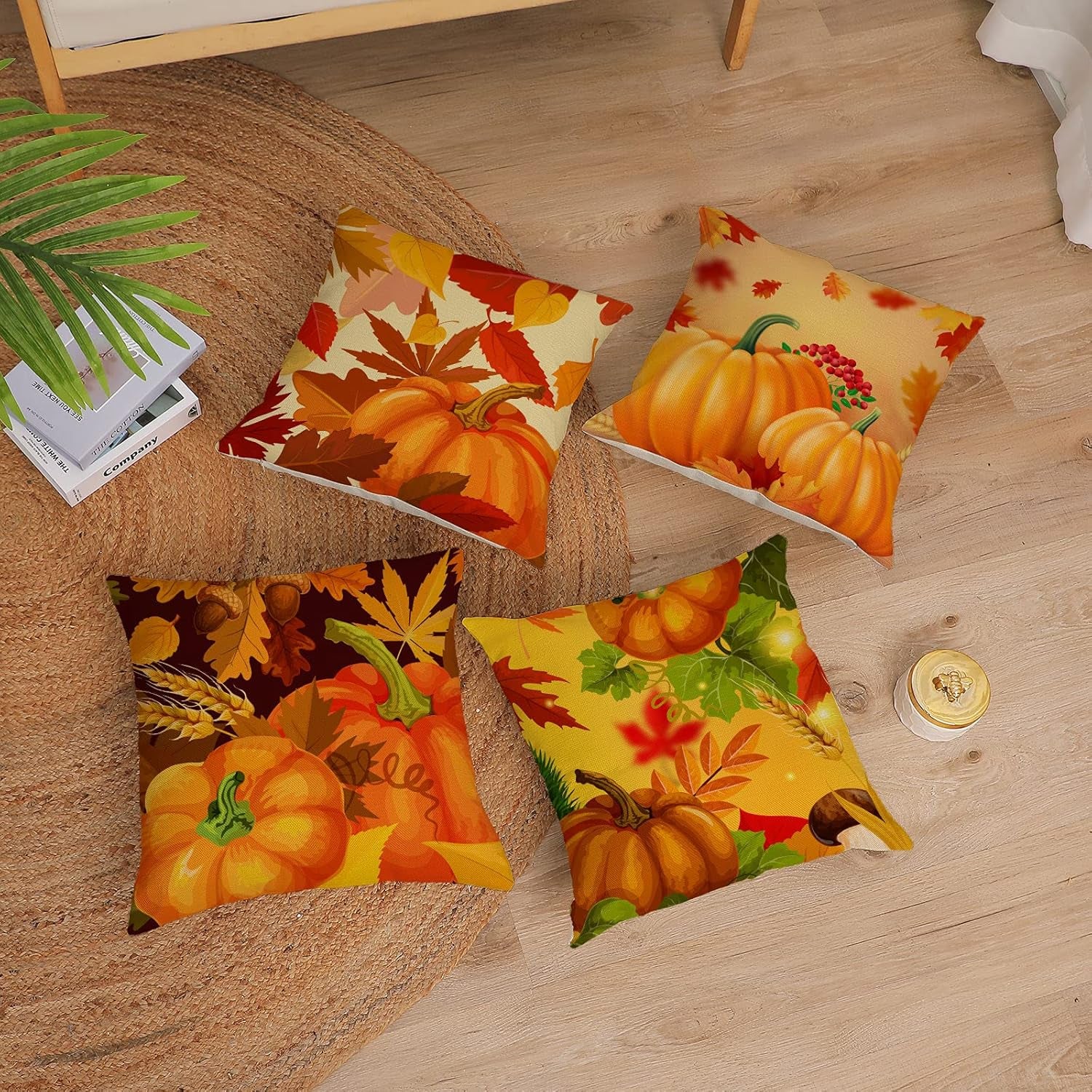 Set of 4 Fall Pillow Covers 18X18 Inch Fall Thanksgiving Pumpkins Decor Throw Pillows Covers Autumn Leaves Decorative Home Outdoor Sofa Couch Pillow Cases for Fall Theme Decorations