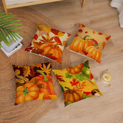 Set of 4 Fall Pillow Covers 18X18 Inch Fall Thanksgiving Pumpkins Decor Throw Pillows Covers Autumn Leaves Decorative Home Outdoor Sofa Couch Pillow Cases for Fall Theme Decorations