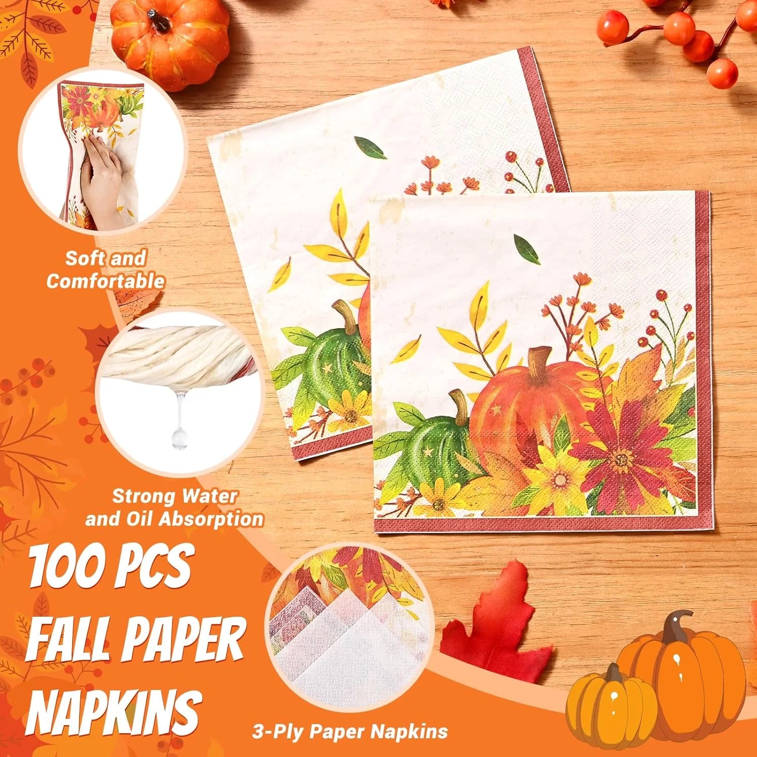 200 Pcs Fall Paper Plates and Napkins Set, Serves 50,Heavy Duty Disposable Dinnerware for Harvest Thanksgiving Party Supplies
