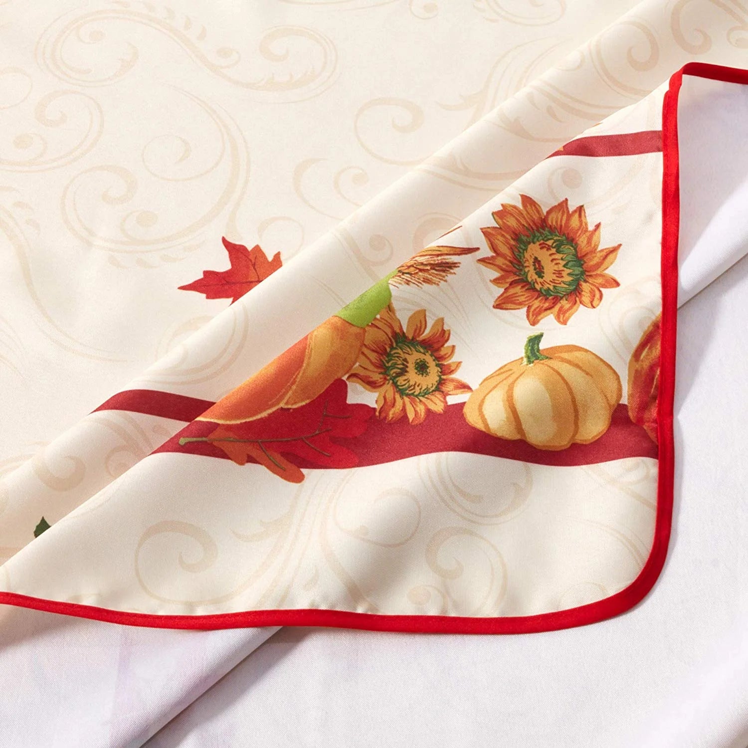 European Polyester Tablecloths - Fall Harvest Autumn Leaves with Pumpkins and Corn Print on the Side - Ivory 52" X 70"