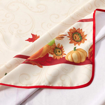 European Polyester Tablecloths - Fall Harvest Autumn Leaves with Pumpkins and Corn Print on the Side - Ivory 52" X 70"