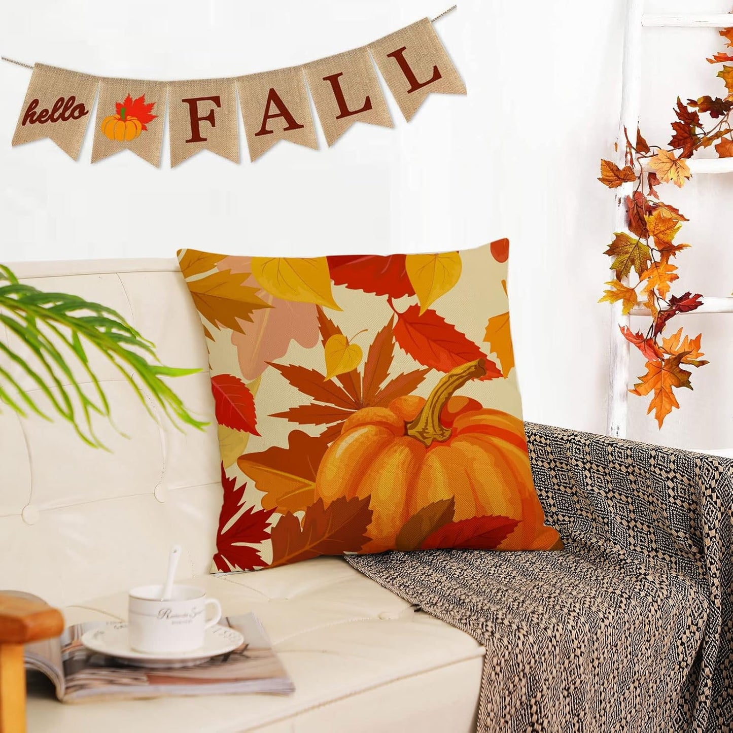 Set of 4 Fall Pillow Covers 18X18 Inch Fall Thanksgiving Pumpkins Decor Throw Pillows Covers Autumn Leaves Decorative Home Outdoor Sofa Couch Pillow Cases for Fall Theme Decorations