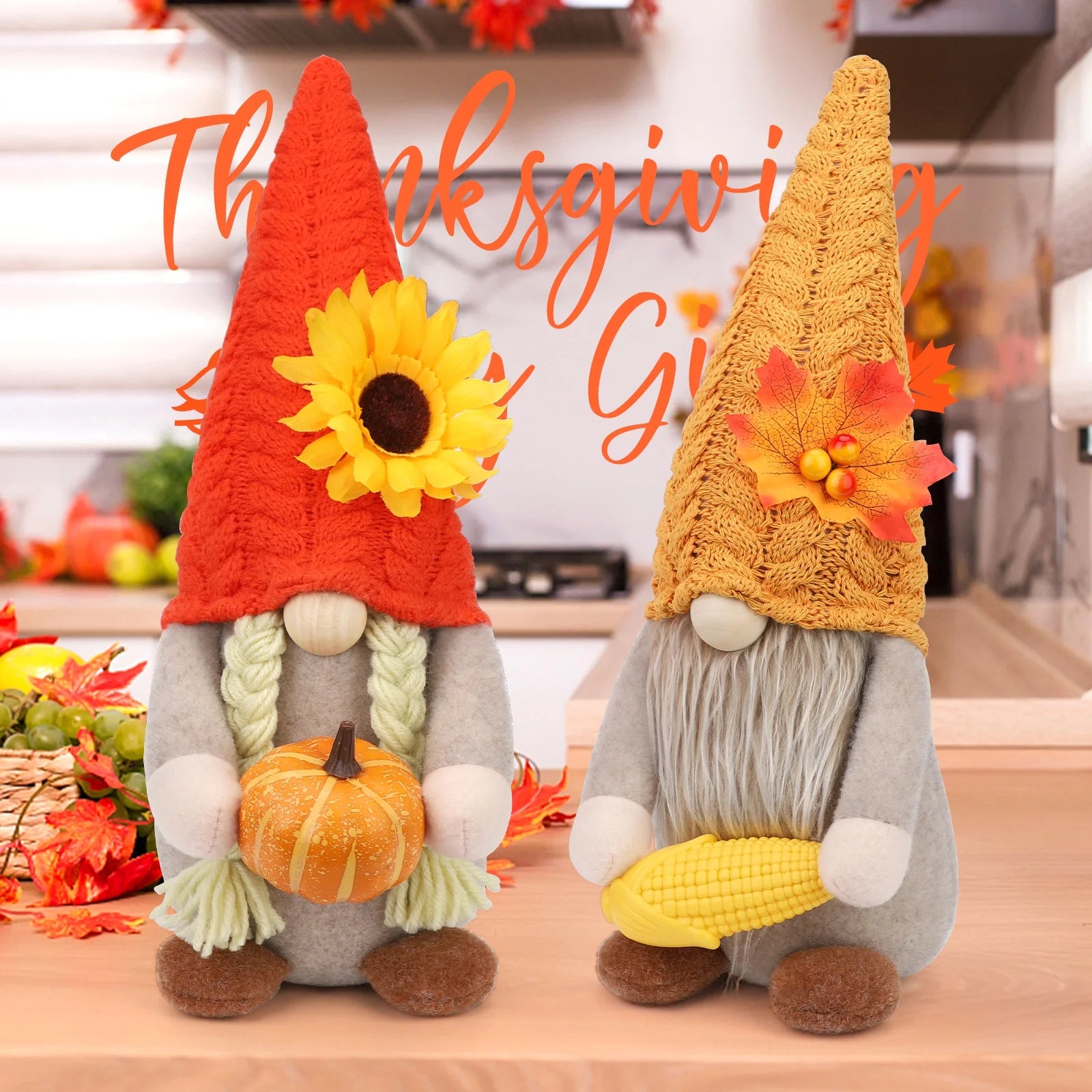 2Pack Thanksgiving Gnomes Fall Decorations Gnomes Hold Pumpkin Corn, Mr and Mrs Swedish Tomte Gnome Doll Autumn Harvest Thansgiving Decor