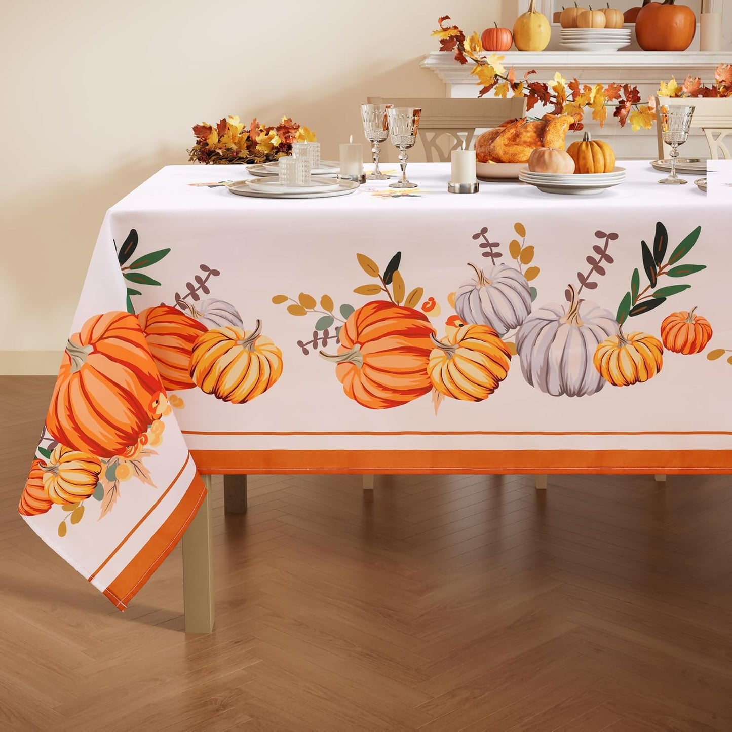 Thanksgiving Pumpkins Fall Rectangle Tablecloths - Polyester Fabric Table Cloth for Harvest Decorations, Party and Family Gatherings - 60" X 102"