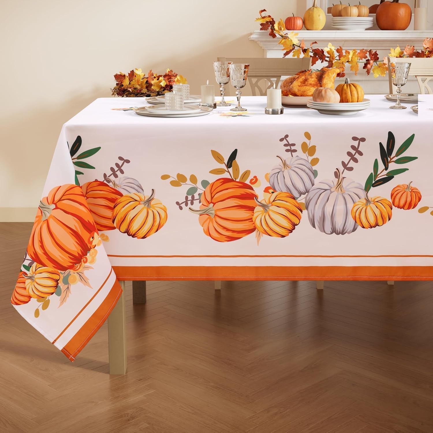 Thanksgiving Pumpkins Fall Rectangle Tablecloths - Polyester Fabric Table Cloth for Harvest Decorations, Party and Family Gatherings - 60" X 102"