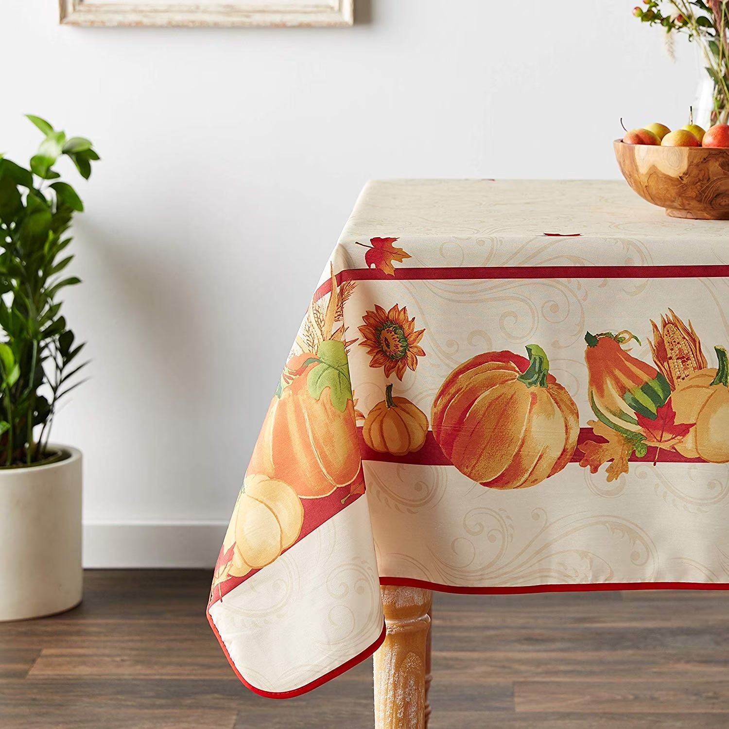 European Polyester Tablecloths - Fall Harvest Autumn Leaves with Pumpkins and Corn Print on the Side - Ivory 52" X 70"