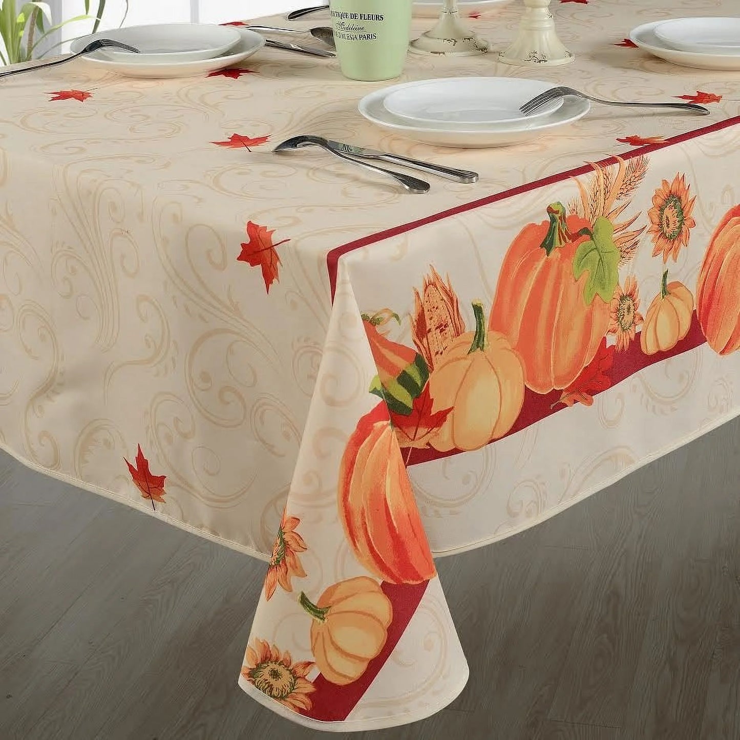 European Polyester Tablecloths - Fall Harvest Autumn Leaves with Pumpkins and Corn Print on the Side - Ivory 52" X 70"