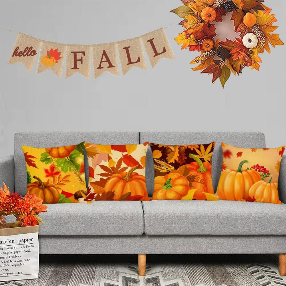 Set of 4 Fall Pillow Covers 18X18 Inch Fall Thanksgiving Pumpkins Decor Throw Pillows Covers Autumn Leaves Decorative Home Outdoor Sofa Couch Pillow Cases for Fall Theme Decorations