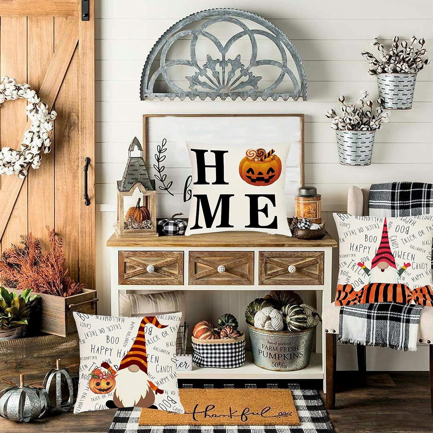 Halloween Decorations Throw Pillow Covers Set of 4 Decorative Pillowcase with Pumpkin and Gnomes 18 X 18 Inches, Indoor Outdoor Happy Halloween Decoration for Sofa Cushion