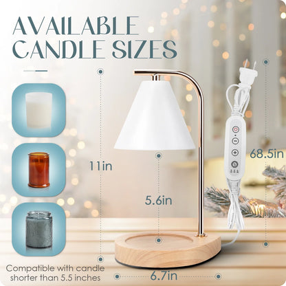 Candle Warmer Lamp with Retro Wooden Base - Home Decor Wax Melt for Small and Large Jar Candles, Candle Heater Lamp with 2 Bulbs, Dimmer and Timer Function-White