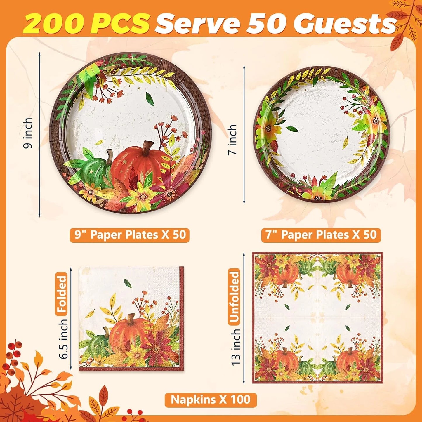 200 Pcs Fall Paper Plates and Napkins Set, Serves 50,Heavy Duty Disposable Dinnerware for Harvest Thanksgiving Party Supplies