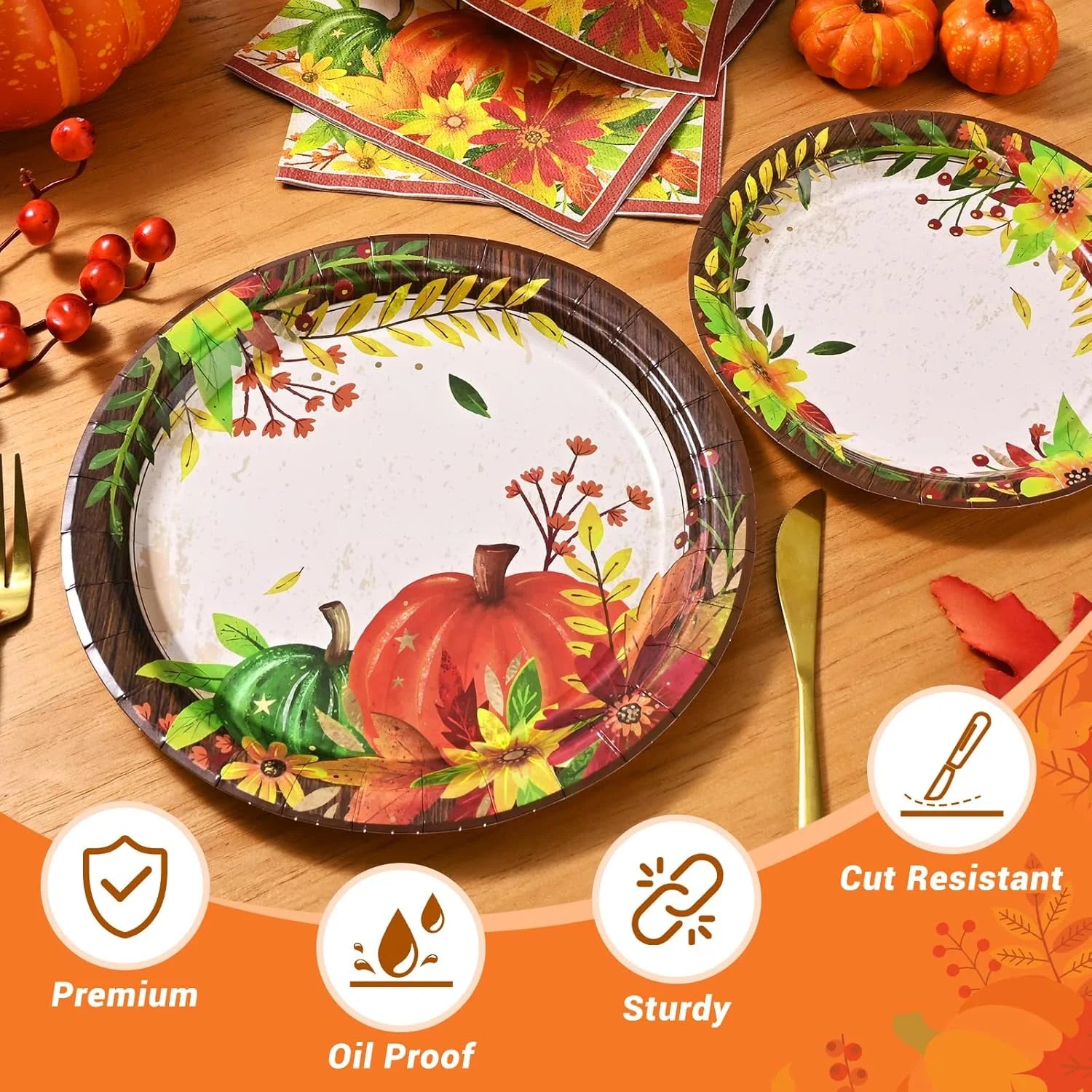 200 Pcs Fall Paper Plates and Napkins Set, Serves 50,Heavy Duty Disposable Dinnerware for Harvest Thanksgiving Party Supplies