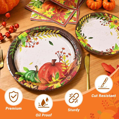 200 Pcs Fall Paper Plates and Napkins Set, Serves 50,Heavy Duty Disposable Dinnerware for Harvest Thanksgiving Party Supplies